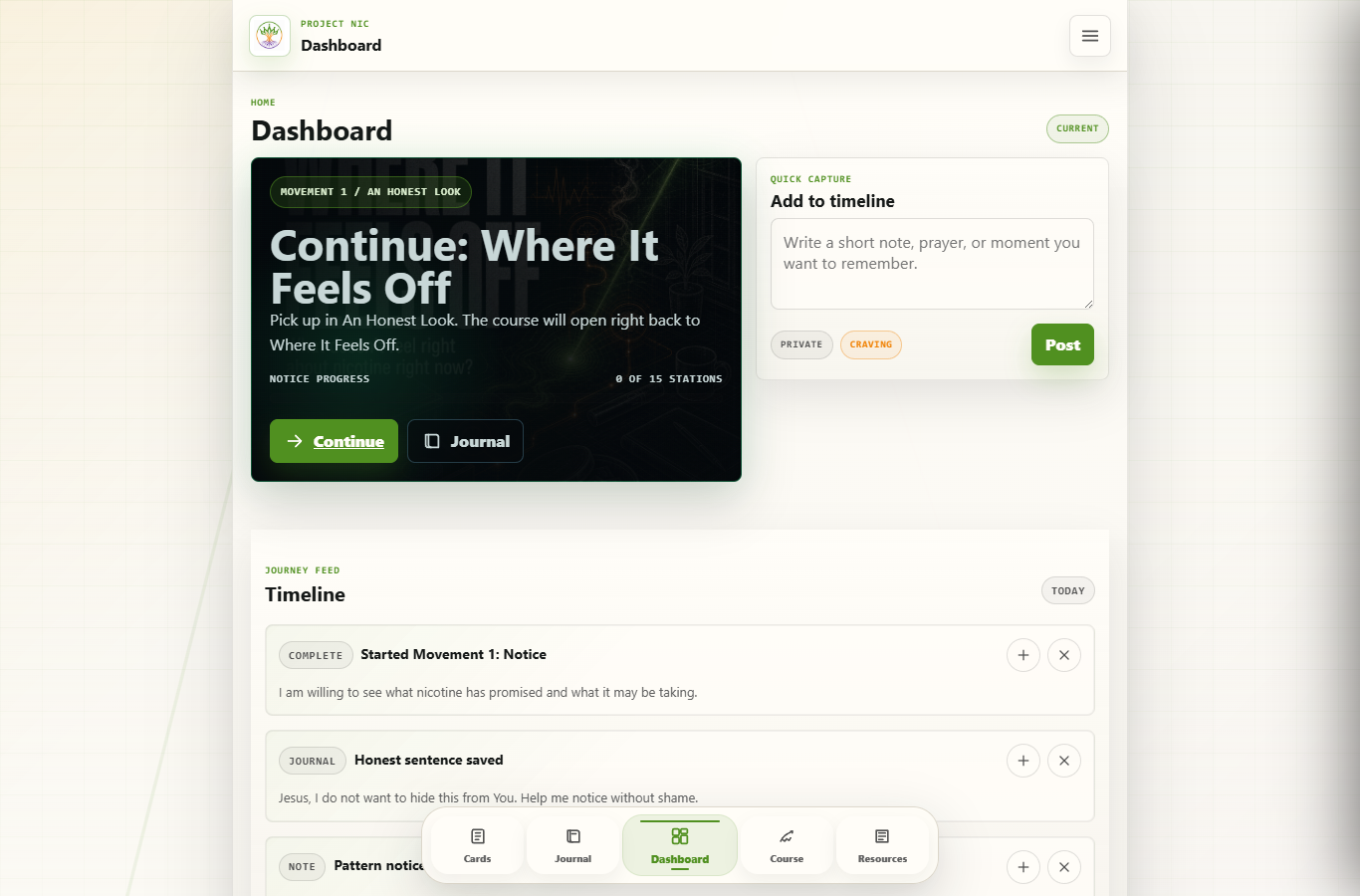Project NIC dashboard with Movement 1, Journal, Cards, Resources, and Pressure Help
