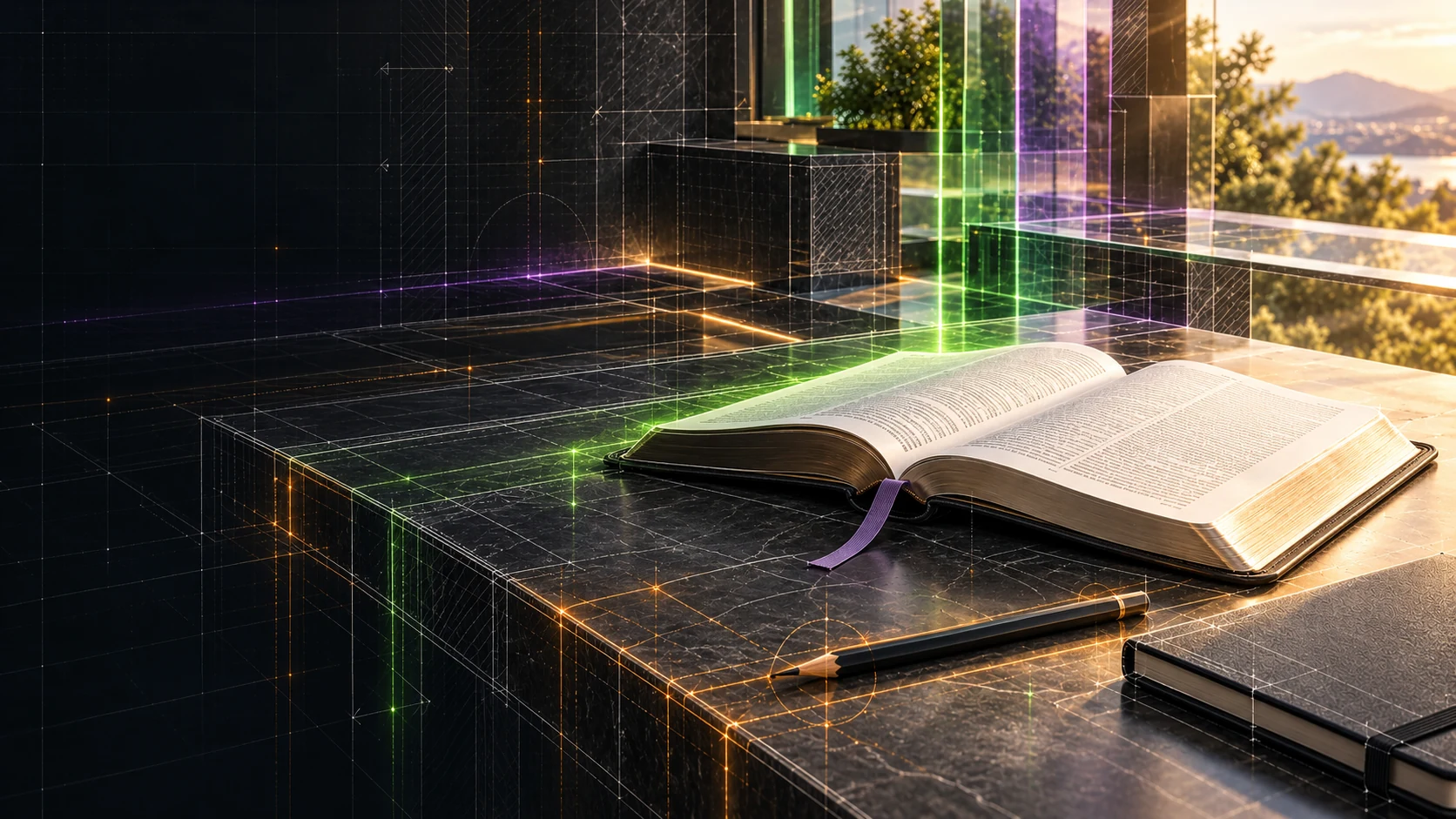 Illustration of an open Bible on a modern student desk